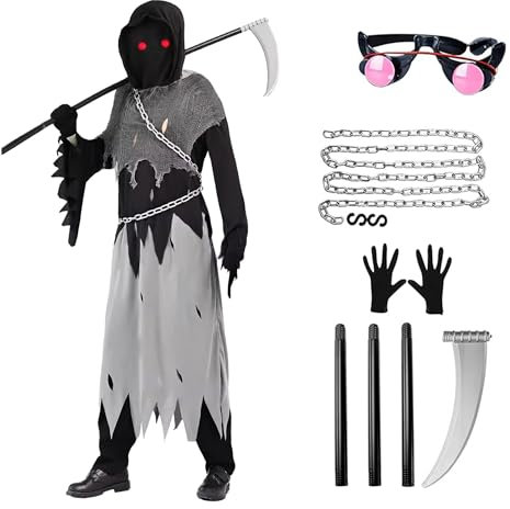 Costume Faucheuse Halloween Enfant, Deguisement Faucheuse Enfant, Costume de Cri Noir Avec Faucille Incluse, Gants, Lunettes, Cape avec Capuche et Chaîne en Métal pour La Fête d'Halloween, Cosplay (S)