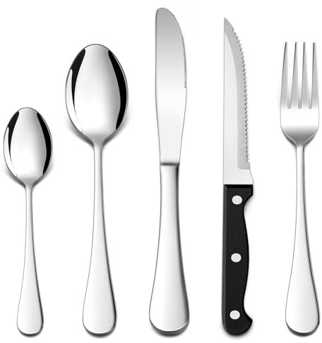 HaWare 30 Pcs Cutlery Set, 24 Pieces Stainless Steel Flatware Set with 6 Pieces Steak Knives, Elegant Forks Spoons Silverware, Service for 6 People, Mirror Polished, Dishwasher Safe