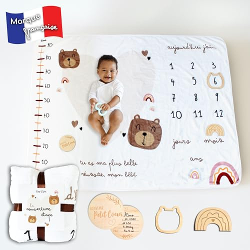 Keep'Love - Couverture Étape Bébé - Tapis Mois Bebe en Français - Tapis Photo Bebe Mois - Cadeau Naissance Fille Garçon - Baby Shower - Future maman - Toise imprimée Accessoires Inclus (Modèle Ourson)