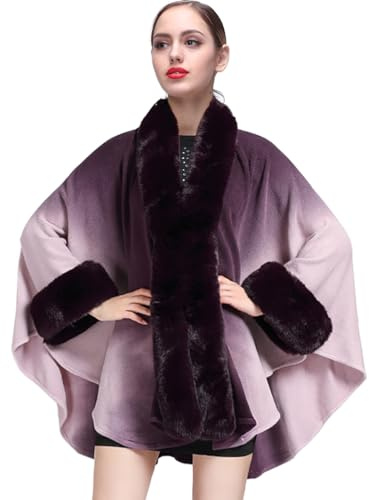 JLNYKADA Poncho Mantello a Maglia Donna Cappotto Cardigan con Collo in Finta Pelliccia Scialle Stola per Autunno Inverno Caldo Maglia Poncho Scialli, viola., Taglia unica