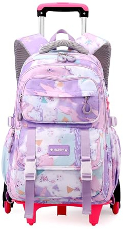 NIWEIYA Kids Rolling Backpack for Girls School Backpack with Wheels for Girls Wheeled Bookbags Roller Trolley Bags for Primary Students, 6-Wheel Purple