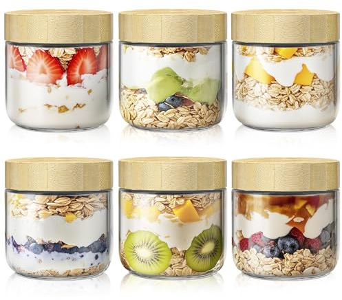 6 Pack 10oz Overnight Oats Containers with Bamboo Lids, Glass Jars with Airtight Lids for Meal Prep, Wide Mouth Mason Salad Jars, Glass Food Storage Container for Yogurt Chia Snacks Spice Sugar