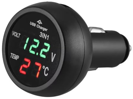MiJunHD Voltmetro 3 in 1, caricatore USB e termometro e misuratore di tensione della batteria per auto, pannello di visualizzazione digitale LCD per 12 V, 24 V, autobus, camion, accendisigari (luce