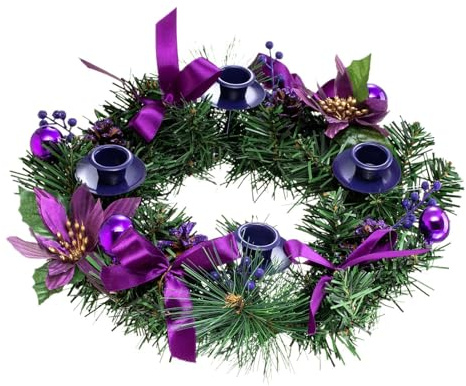 Couronne de Noël 35 x 35 cm - Bougeoir de Noël - Couronne de Noël - Décoration de l'Avent - Couronne de l'Avent - Ruban violet - Décoration de Noël