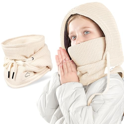 AYPOW Cagoule d'hiver Thermique pour Enfants 4-10Ans, Multifonction Coupe-Vent Masque de Ski, Bonnet Tricoté Doublure Polaire Chaude Casquette Cache-Cou Tour de Cou écharpe Garçons Filles Plein Air