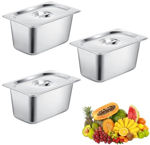 Bocguy Juego de 3 Recipientes de Acero Inoxidable, Recipiente GN 1/9, Recipiente Gastronorm, Recipiente de Acero Inoxidable con Tapa, Lavavajillas y Congelador para Queso, Carne, Plata,17,5x11x10 cm