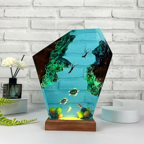 Drawelry 3D Epoxidharz Ozean Figuren Statue Ornamente mit Holzsockel, LED Nachtlicht, Harz Ozean Tier Hai Wale Pinguin Oktopus Skulptur Kunsthandwerk Mini Meere Aquarium Dekoration (B10, M)