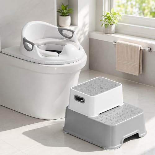 MAMIZO Toilettensitz Kinder mit Tritthocker Kinder, Wc Sitz Kinder mit 2 Stufen Hocker, Toilettensitze Kinder mit Treppe, Toilettensitz für Kinder 1-8 Jahre, Sanft Kissen und Spritzschutz, Rutschfest