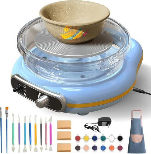 Kcolic Mini Pottery Wheel Machine, Continuous Speed, Electric Potter's Wheel Shaping Machine 0-200 rpm Ceramic Machine with 8 Accessories, Craft Set for DIY Pottery Courses Blue