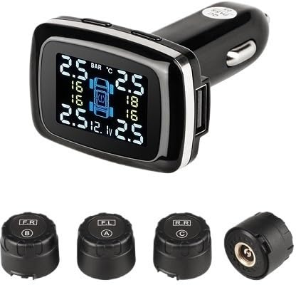 LSHIJI Tpms Sensori del Sistema di monitoraggio della Pressione dei Pneumatici dell'auto, accendisigari con Porta USB, Controllo, Allarme Sicurezza Automatico(External Sensor)