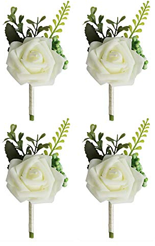 VOANZO 4 STÜCKE Hochzeit Boutonniere Künstliche PE Rose Blumen Corsagen für Braut Bräutigam Groomsmen Mädchen Bouquet Brosche 15x8x5 cm (Weiß)