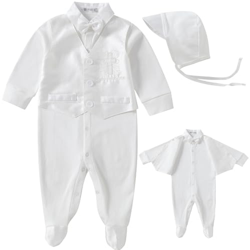 Booulfi Baby Boy Baptism Outfit Boys Christening Outfits Baby Boy Clothes 3-6 Months Newborn Outfits Long Sleeves Baby Romper Hat BowTie 3 Pcs Boys Formal Suits