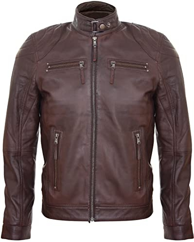 Infinity Leather Chaqueta Color Marrón para Hombre 100% Cuero Genuino con Cremallera Estilo Motociclista XL