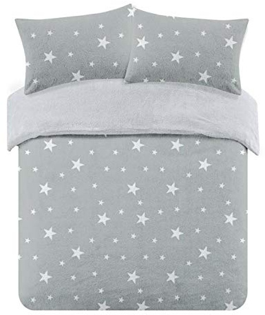 Dreamscene Star Thermal Teddy Fleece Duvet Cover with Pillowcase Soft Warm Fluffy Bedding Set, Silver Grey White - King Size