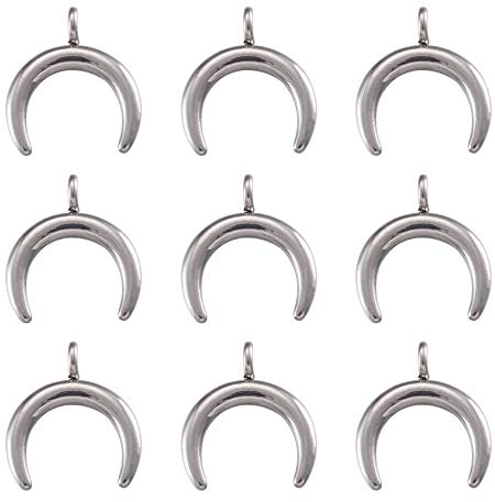 Beadthoven - Ciondoli in metallo a forma di mezzaluna in acciaio inossidabile 304, con doppio corno, lisci, per collane e gioielli fai da te, Acciaio inossidabile, Acciaio inossidabile