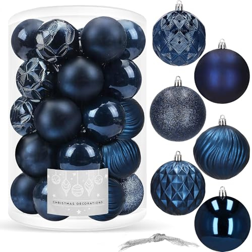 Weihnachtskugeln Blau 30 Stück Set 9 cm Bruchsicher aus Kunststoff Matt Glitzer Glänzend Disco Spiral Design Christbaumkugeln Blau Weihnachtsbaumkugeln Dekoration mit Aufhängefäden SPRINGOS
