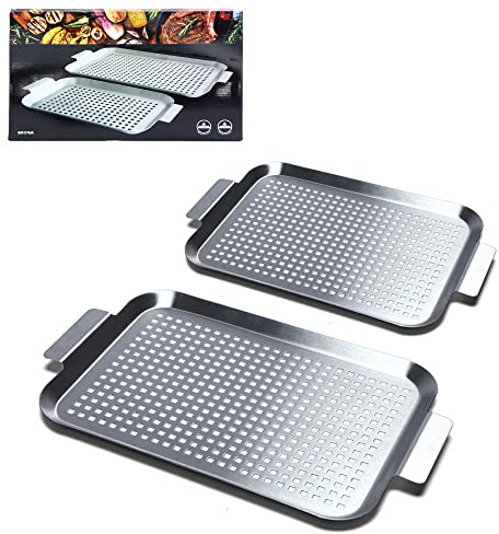 COOK TIME Grill Pan Set of 2, BBQ Grill Topper for Outdoor Grill, Stainless Steel Grilling Baskets with Holes and Handles, Perforated Food Tray Barbecue Accessories for Vegetable, Fish, Meat, Seafood