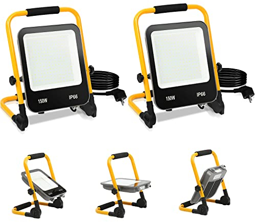 Tubiaz Faretto LED da cantiere, 2 Pack 150W Super luminoso Faro LED con Staffa pieghevole, 13000LM 6000K Bianca Freddo Impermeabile IP66 Ideale per officina,Cantiere (3M Cavo con Spina)