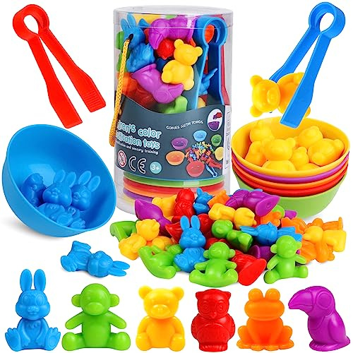Counting Animals Color Sorting Matching Games with Sorting Bowls Montessori Sensory Early Educational Toys Learning Fine Motor Skill & Counting Math Toys Gift for 3 4 5 Year Old Boys Girls