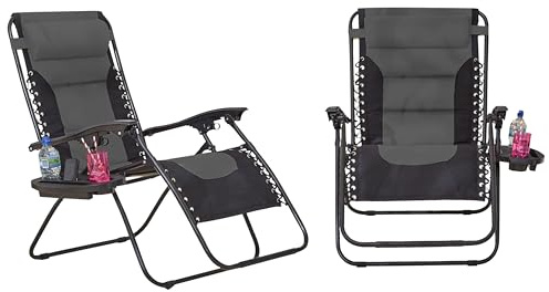 Neo Pair of Outdoor Zero Gravity XL Padded Canvas Large Sun Lounger Sunbed Folding Reclining Chair Camping Garden Beach Patio (Grey)