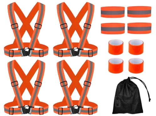 Hitopin 4PCS Seguridad Chaleco Reflectante Moto+4PCS Bandas Reflectoras+4PCS Brazalete Reflectante, Ajustable Visibilidad Alta Chaleco Reflectantes con Bolsa, para Correr,Senderismo,Ciclismo,Carreras