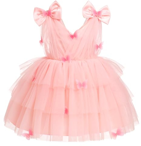 Toddler Baby Girls Bow Knot On Shoulder V Neck 3D Butterfly Tulle Tutu Dress Sleeveless Mesh Puffy Princess Bridesmaid Party Dresses Pink 120