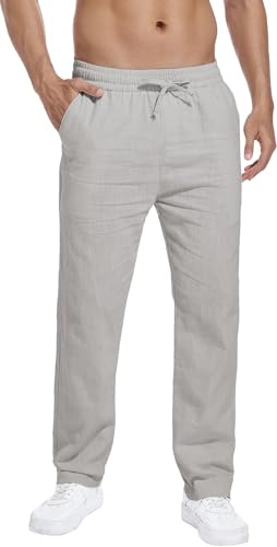 HOEREV Pantaloni Casual in Lino e Cotone - Respira Facilmente con i Pantaloni Leggeri da Spiaggia,Grigio,S