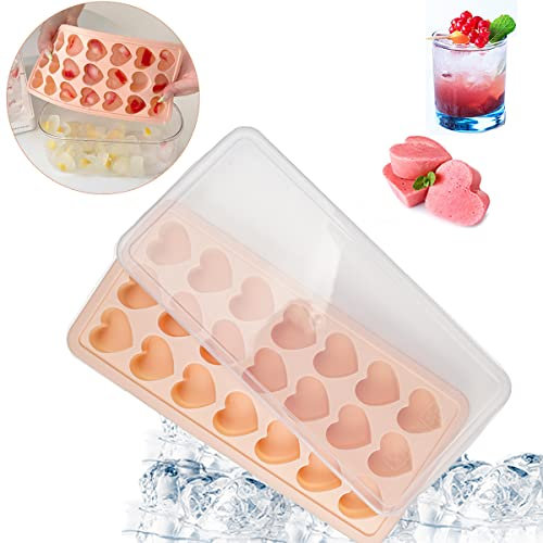 Heart Shaped Ice Cube Trays with Lids, 21-Cavity Heart Shaped Ice Cube Moulds, Food-Grade Silicone Ice Cube Molds, Reusable Soft Silicone Ice Cube Tray for Whiskey Cocktail Chocolate Valentine's Day