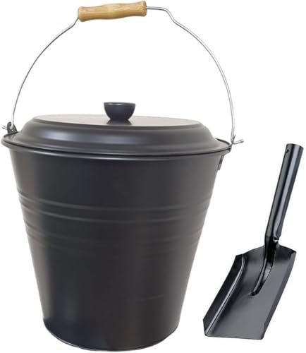 Unibos Ash Storage Bucket with Hand Shovel Fireproof Ash Bucket with Lid made of powder-coated Steel, Fire Ash Container in a Clean Design (ASH BUCKET WITH SHOVEL)