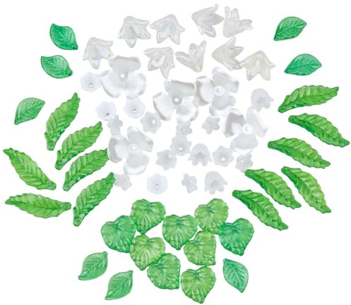 SUPERFINDINGS 6 Styles Acrylic Flower Leaf Beads Glass White Flowers Beads with 3 Styles Green Leaf Beads Tulip Bellflower Lily Three-Petaled Flower Floral Beads Kit for Jewelry Making DIY