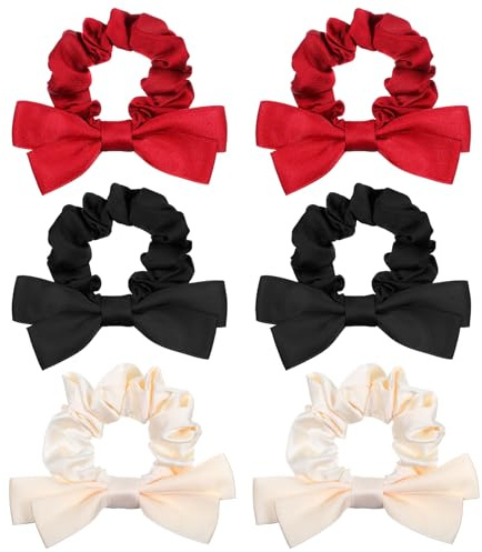 6Pcs Bow Scrunchies, Bow Hair Ties for Women and Girls Elastic Bowknot Hair Ties Silk Ponytail Holder Hair Ropes Hair Accessories for Thick and Thin Hair (Black Red White)