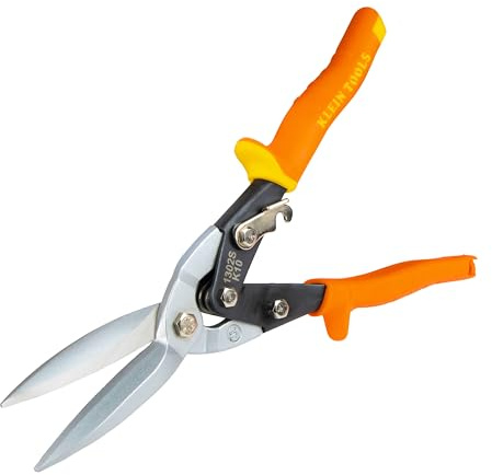 Klein Tools 1302S Aviation Tin Snips, Straight, Long Cut, Heavy Duty Metal Cutting Shears with Forged Steel Blade
