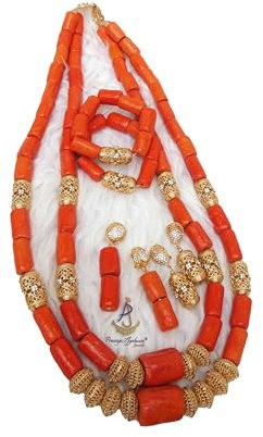PrestigeApplause falsk korall afrikansk pärlhalsband armband och örhänge set traditionella bröllopssmycken, En storlek, Korall Korall Pärlor, Ingen ädelsten