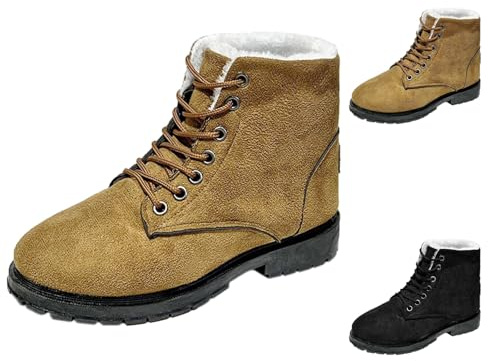 Women's Snow Boots, Lined Ankle Boots, Plush Fleece Winter Boots, Thermal Ankle Boots for Women, Round Toe, Combat Boots, Lacing, Platform Boots, Plain Biker Boots, khaki, 6 UK
