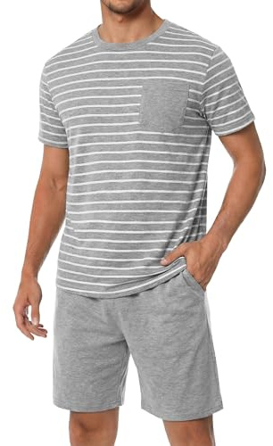 Bresdk Pyjama Homme Court Ensembles de Pyjamas Coton Été Vêtements De Détente Deux Pièces Rayé Confortable Doux S-3XL