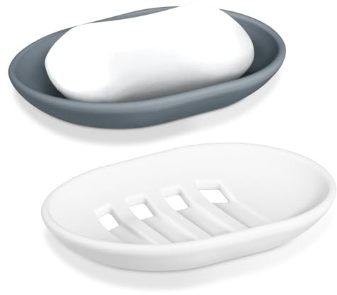Jabonera Baño de Silicona, 2 Piezas Jabonera con Drenaje Antideslizante, Jaboneras para Pastillas de Jabon para Ducha, Baño, Cocina - Gris y Blanco