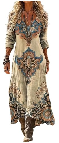 Vestido Largo Mujer Boho Estilo Maxi Verano Talla Grande Floral y Lino Transpirable Manga Corta Opcion Midi Playa Casual Ropa para Vacaciones Fiesta Hippie Encantadora Suelta Flexible (04,M)
