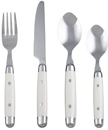 Cambridge Silverware Set, Jubilee White 16-Piece Flatware Set, Service for 4, 18/0 Stainless Steel, Silver Mirror Finish Beige Handles, Knives Spoons and Forks set, Dishwasher Safe, (Beige, 16 Pieces)