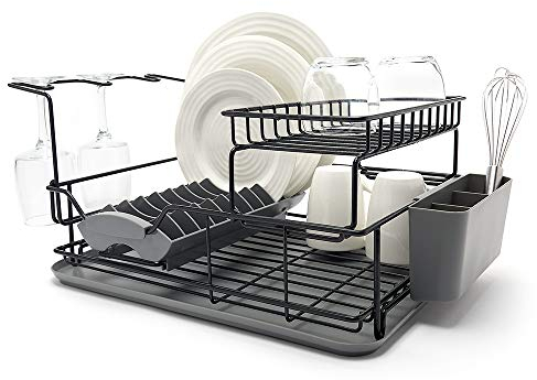 simplywire – Two Tier Dish Drainer – Removable Over Sink Plate Drying Rack, Wine Glass Holder & Cutlery Basket - Black Plastic Coated Steel
