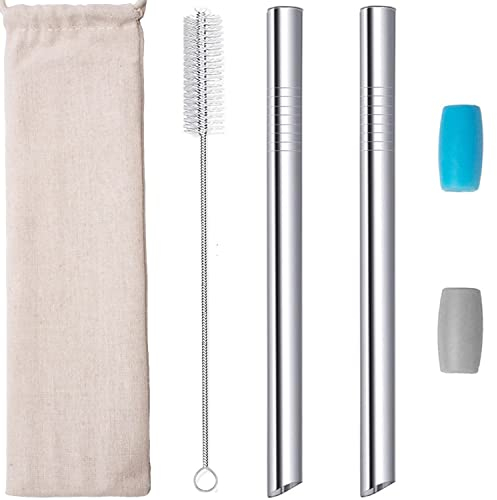 Cannucce Riutilizzabili Bubble Tea Smoothie Milkshake Boba, Cannucce Metallo Acciaio tè alle bolle Frullato Succo, 12mm Extra Larghe Aguzzo Cannuccia con Punte in Silicone Spazzola 2pcs Argento
