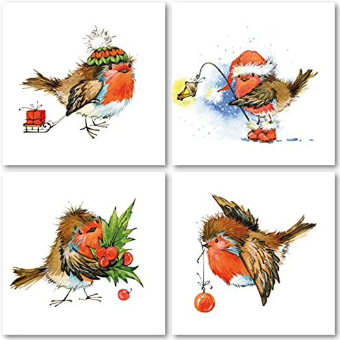 Charity Christmas Cards Pack of 32. Each Christmas Card Multipack has 4 Different Fun Robin Designs. Ecofriendly and UK Made. Verse Inside. Small 100 x 100mm Card Size.