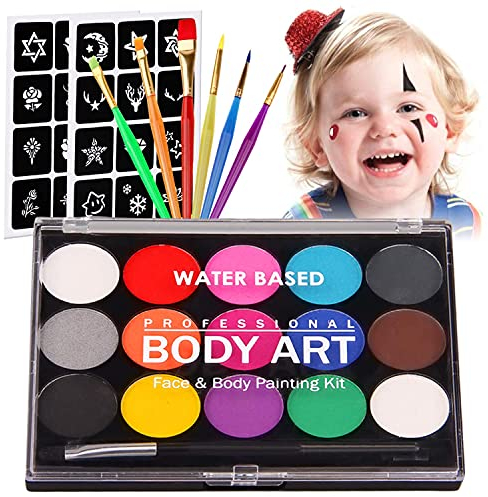 Kinderschminke Set Gesichtsfarbe, Siebwin Professionelle Schminkpalette 15 Farbe Waschbar Farben+24 Schablonen+7 Pinsel, Professionelle Organische Facepaints Für Kinder Geburtstag Geschenk