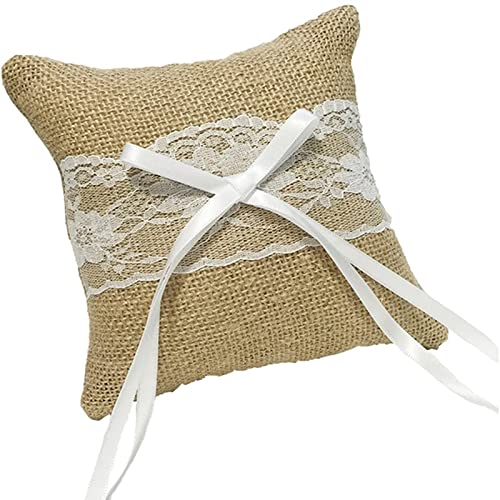Kuaikely Vintage Jute Hochzeit Ringkissen, Sackleinen Ehering Kissen, Ringkissen Hochzeit, Ringkissen Spitze, Satinband Jute Ringkissen für Hochzeitsaccessoires Ringe Ohrringe Armbänder usw