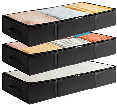 Lifewit 3 Stück 75L Unterbettkommode, Unterbett Kleideraufbewahrung Faltbare Aufbewahrungsbox mit Deckel, Kleidung Aufbewahrungstasche für Kleider Kleidung Unterbett Kleiderschrank, Schwarz
