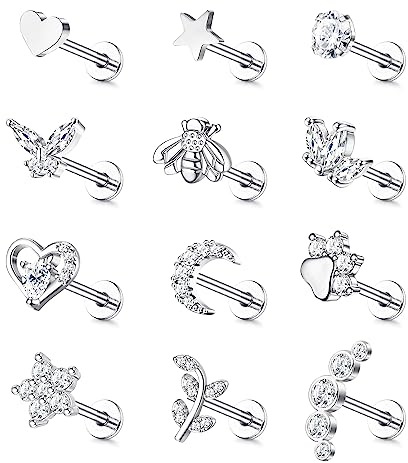 JewBella 12 Stück 16G Knorpel Helix Ohrringe für Damen Herren Chirurgenstahl Innengewinde CZ Mond Herz Stern Blatt Labret Monroe Medusa Nasenstecker Conch Tragus Helix Piercing Silber/Gold