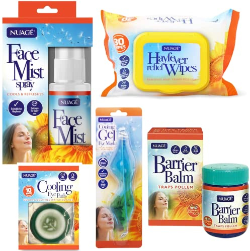 Nuage Hayfever Survival Kit Includes 30 Resealable Hayfever Relief Wipes, Barrier Balm, Face Mist Spray, Cooling Gel Eye Mask & Eye Pads | Natural Remedy for Hayferver | Suitable for Face and Hands