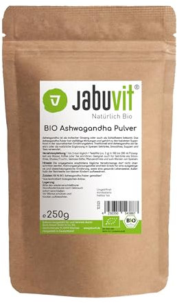 JabuVit 250g Ashwagandha-Pulver Bio-zertifiziert & 100% naturbelassen - Ashwagandha Wurzel Pulver umweltschonend und ohne Pestizide - Made in Germany
