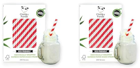 The Cheeky Panda Bamboo Paper Bubble Tea Straws | 250 Red Striped Wide Drinking Straws | for Boba Tea, Milkshakes and Smoothies (Pack of 2)