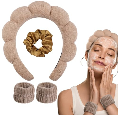 WD&CD Stirnband, Damen Spa Haarband Haarband, Make up Stirnband Handgelenk Waschband Set für Hautpflege, Gesichtsreinigung, Dusche-Braun