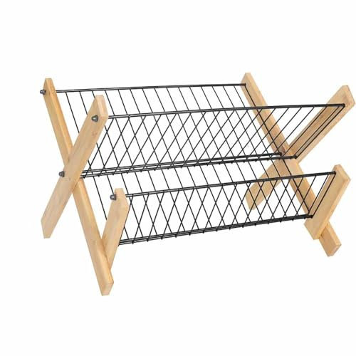 Vetrineinrete® Scolapiatti pieghevole per stoviglie in metallo e legno con 2 ripiani gocciolatoio da appoggio per piatti bicchieri